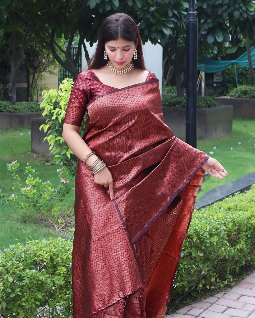 Adorable Maroon Color Coper Jari Border Saree