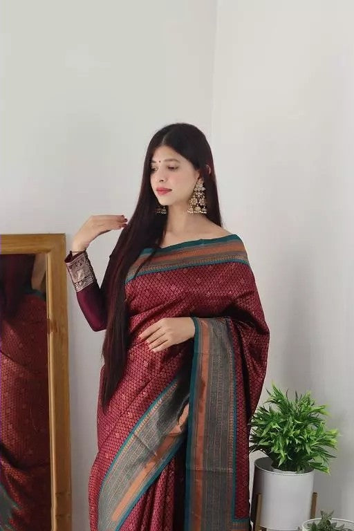 Gorgeous Maroon And Aqua Green Border Saree