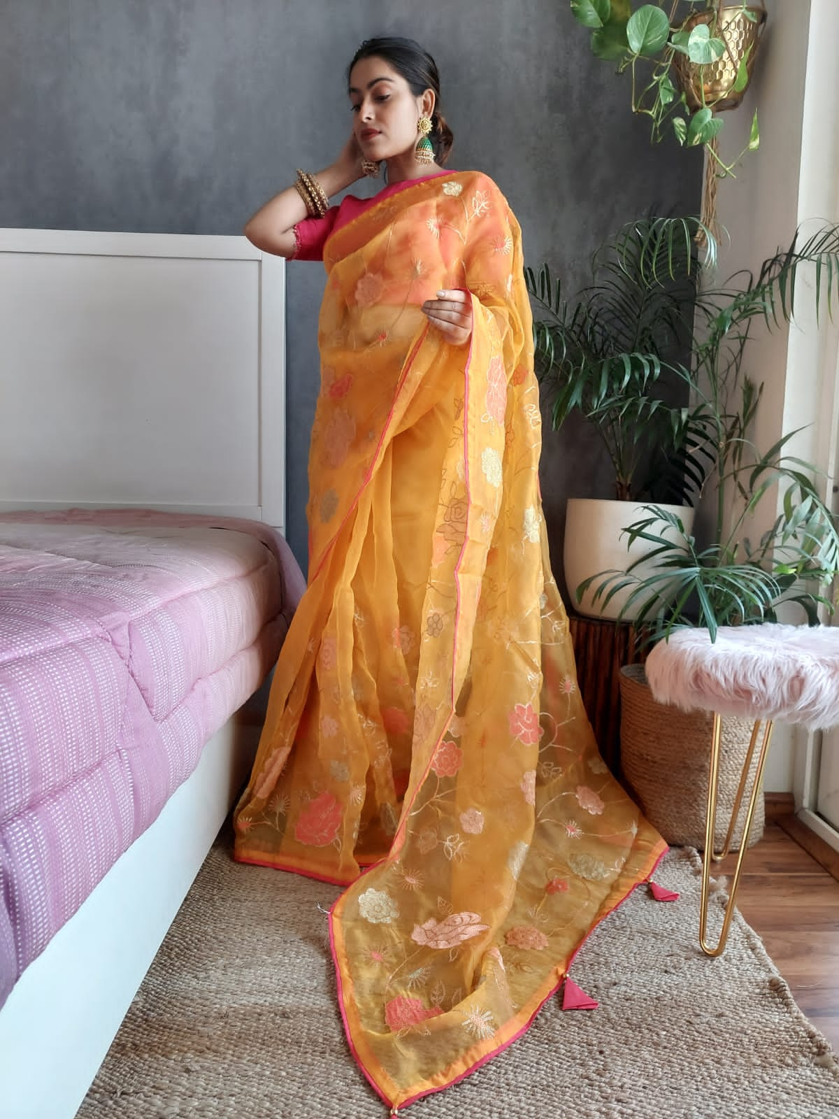 Ravishing Mustard Color All Over Work Organza Silk Saree