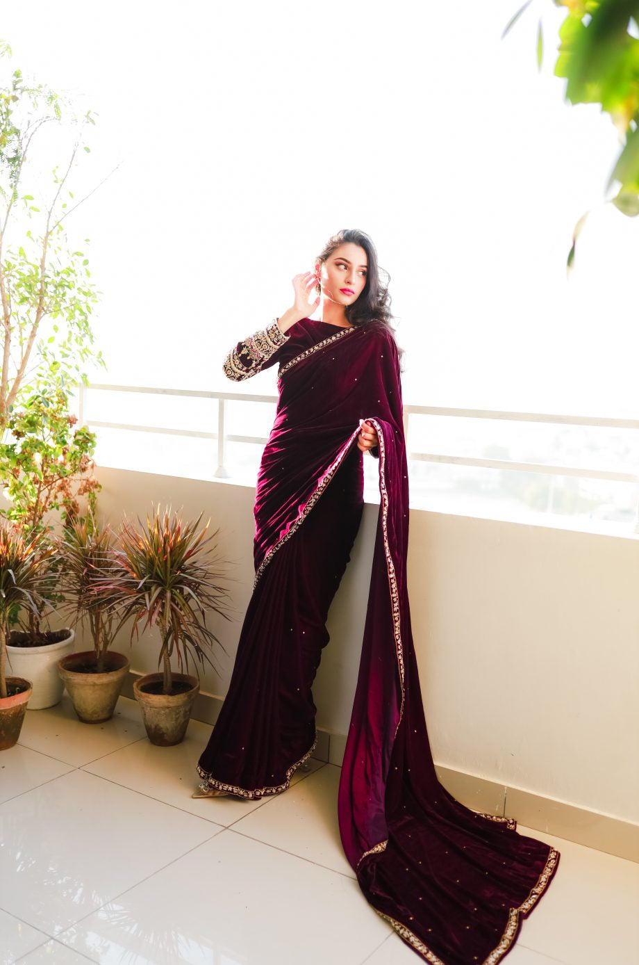 Wedding Style Wine Color Velvet Saree