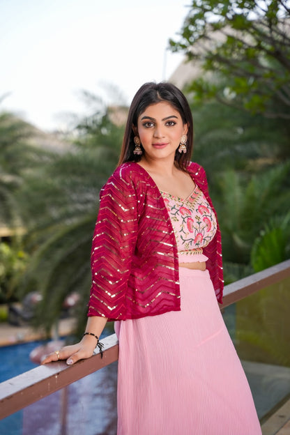 Beautiful Light Pink Crashed Lehenga With Pink Shrug