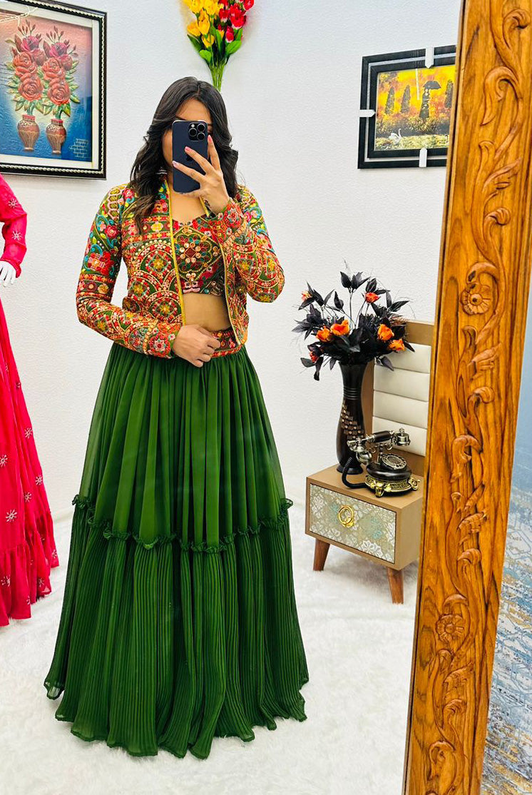 Stylish Green With Multi Work Lehenga Choli With Jacket