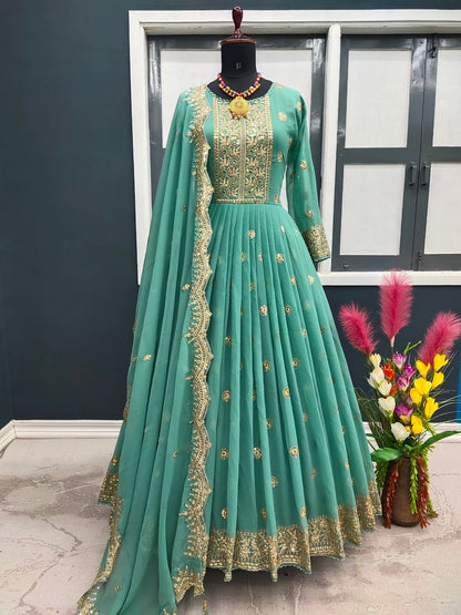 Pista Color Embroidery Sequence Trendy Gown