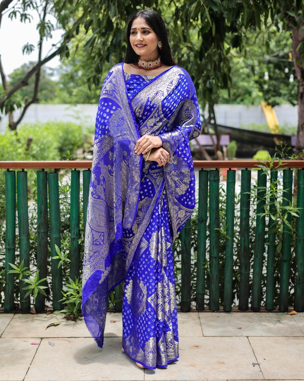 Bandhej Silk Royal Blue Color Beautiful Design Rich Pallu Saree