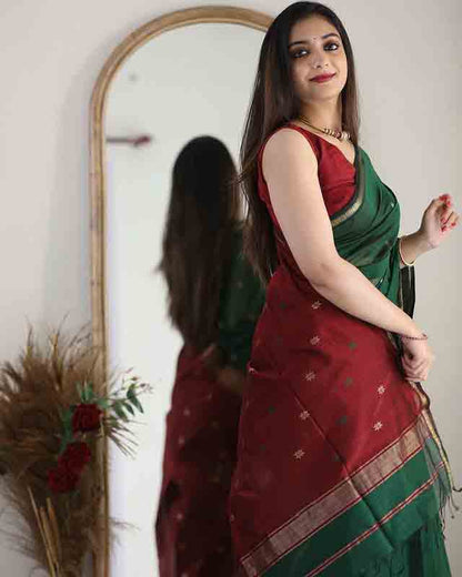 Linen Cotton Silk Green Color Saree With Maroon Border