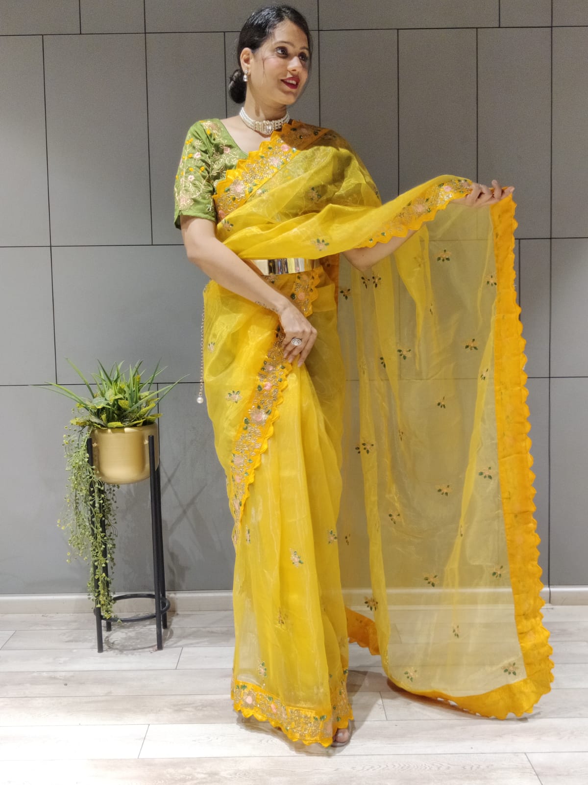 Yellow Color Multi Work Ready To Wear Organza Saree