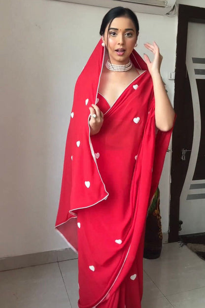 Red Color Heart Shape Design Ready To Wear Saree