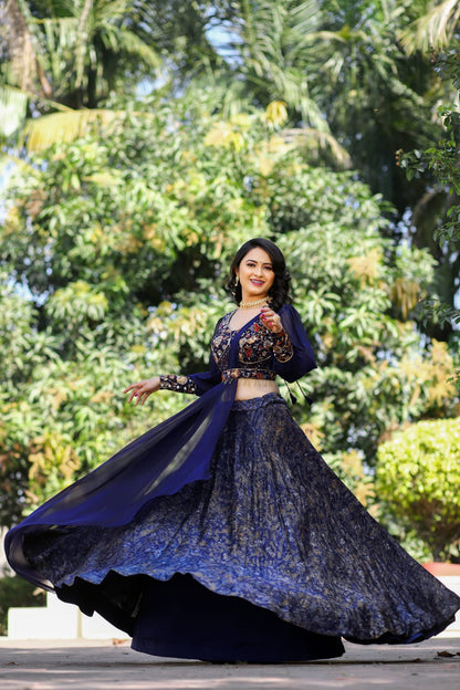 Digital Printed Navy Blue Color Lehenga Choli With Embroidey Work Belt