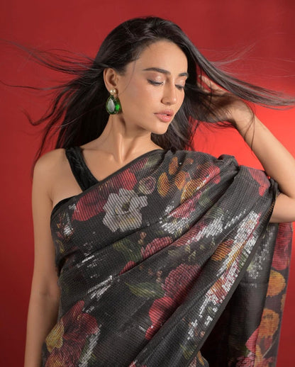 Celebrity Style Black Color Sequence Saree