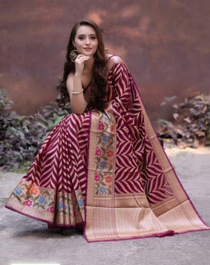 Elegant Wine Color Leheriya Banarasi Silk Saree