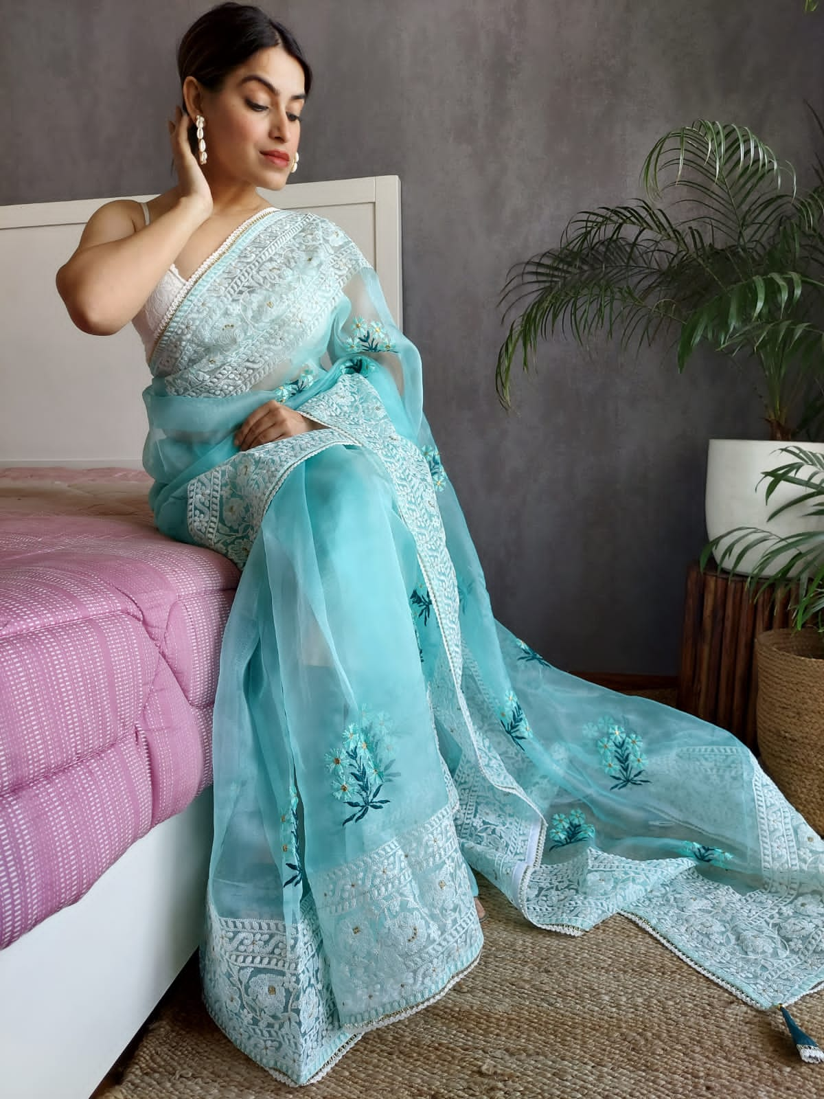 Outstanding Sky Blue Organza Silk Saree