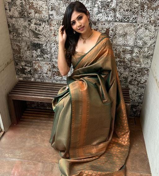 Mesmerizing Green Color Coper Jari Work Saree