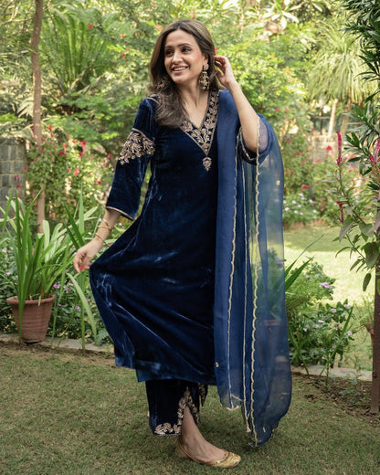 Elegant Embroidery Work Blue Color Velvet Plazzo Suit