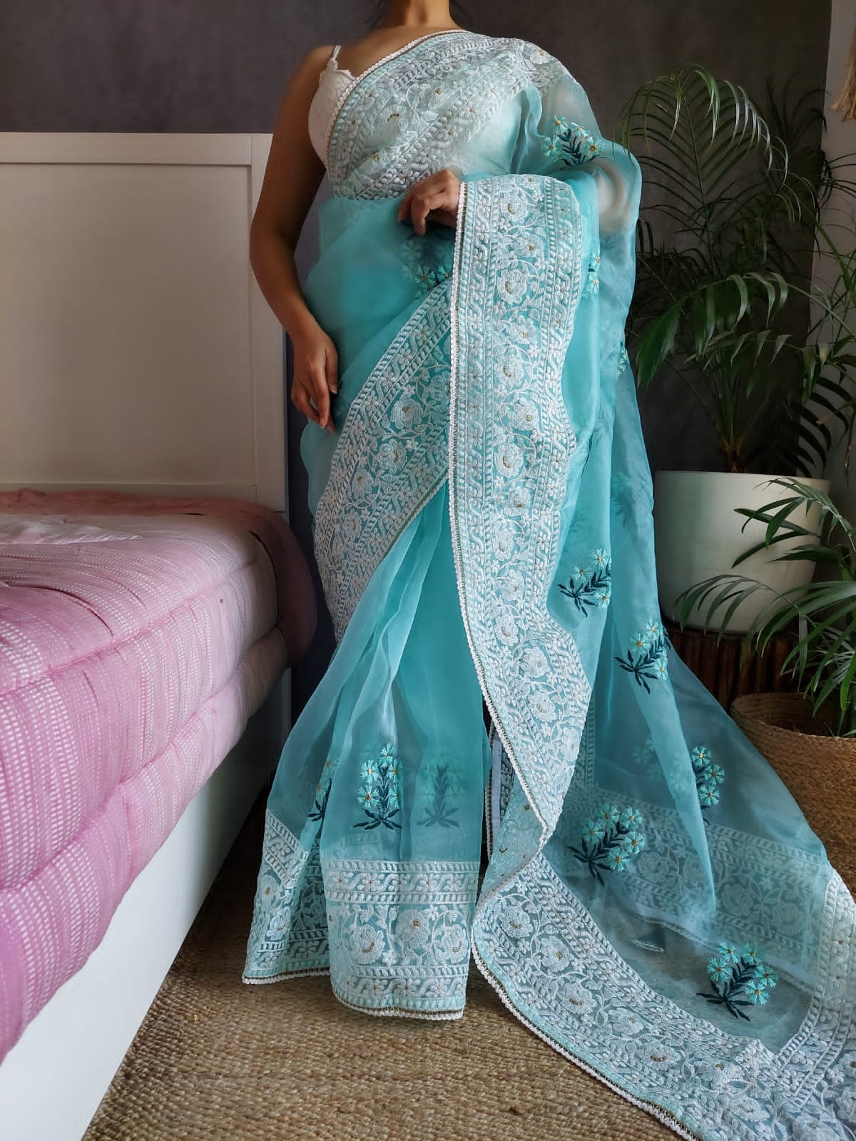 Outstanding Sky Blue Organza Silk Saree