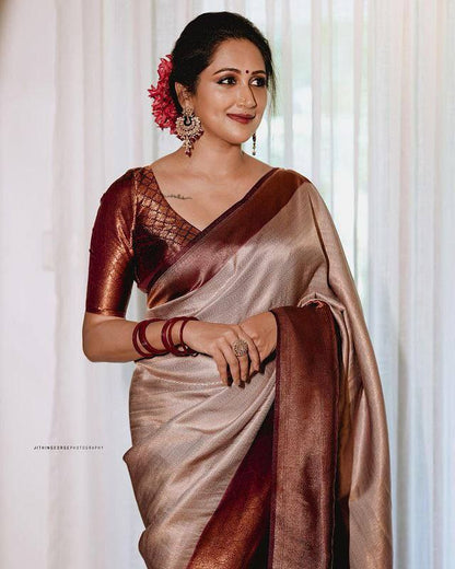 Awesome Off White And Maroon Coper Work Saree