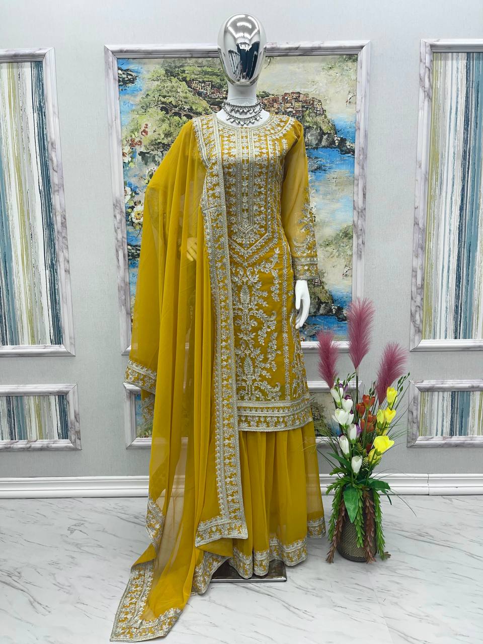 Yellow Color Beautiful Work Sharara Suit