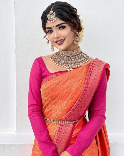 Pink And Orange Color Golden Work Saree