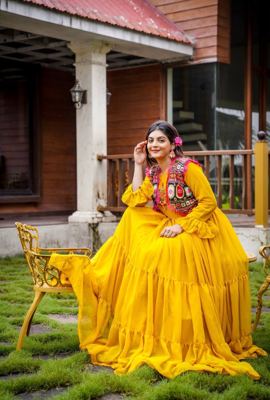 Ceremony Wear Ruffle Style Yellow Color Gown With Koti
