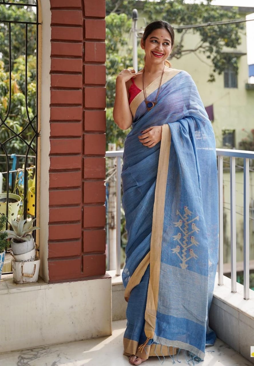 Stunning Sky Blue Color Cotton Silk Saree