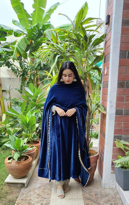 Luxuriant Blue Color Velvet Anarkali Suit With Dupatta