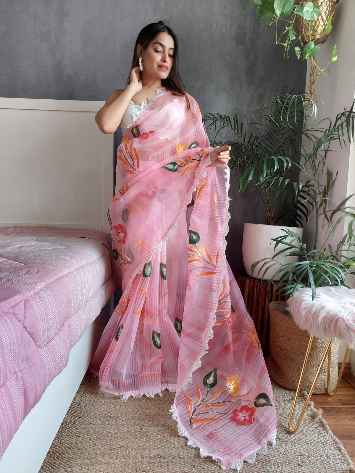 Light Pink Embroidered Organza Saree | Organza saree, Party wear sarees,  Saree designs