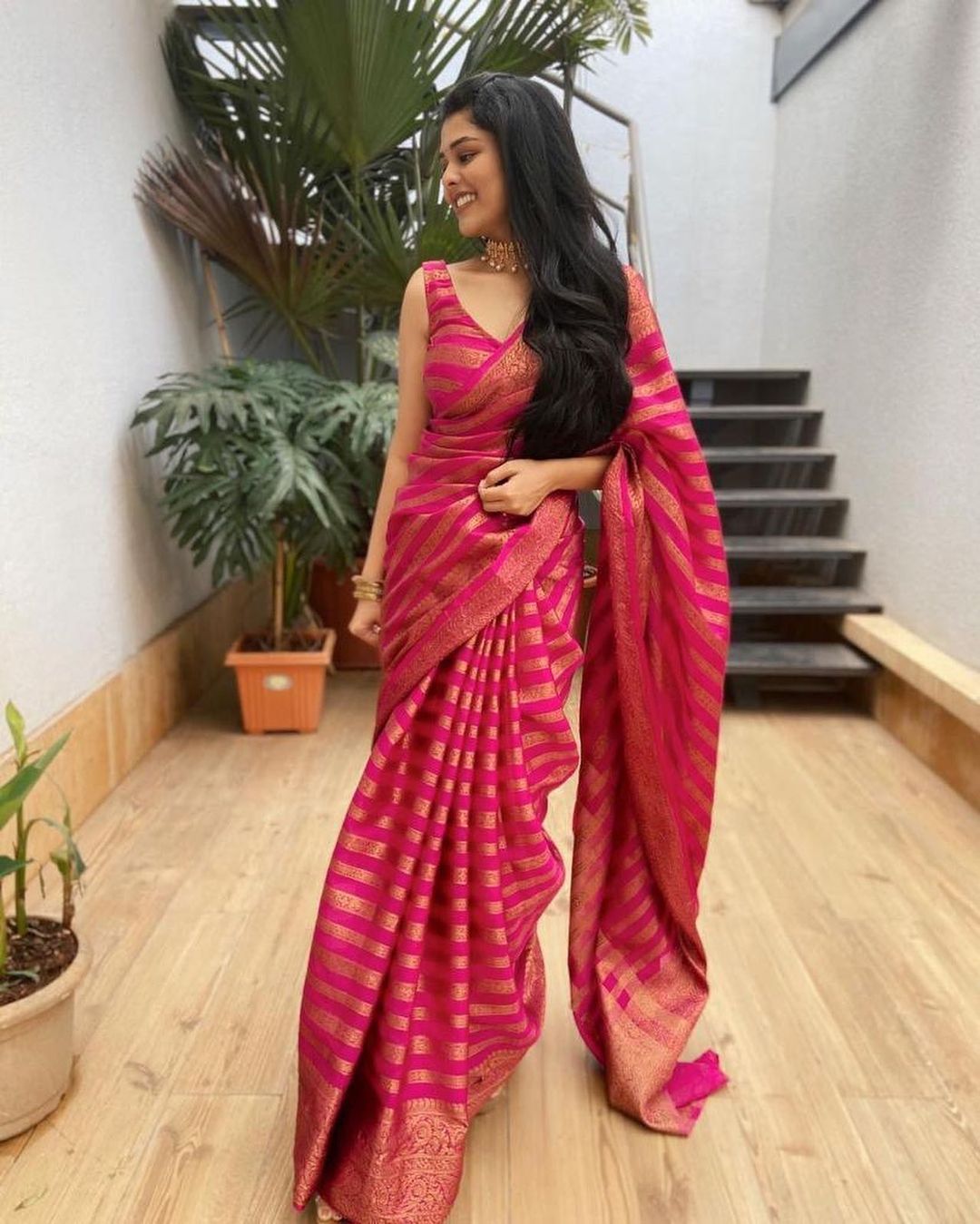 Adorable Pink Color Golden Jari Work Saree