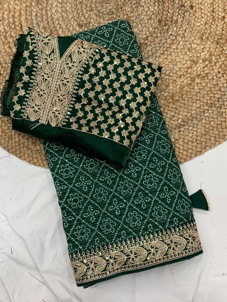 Bandhani Print Border Work Green Color Saree