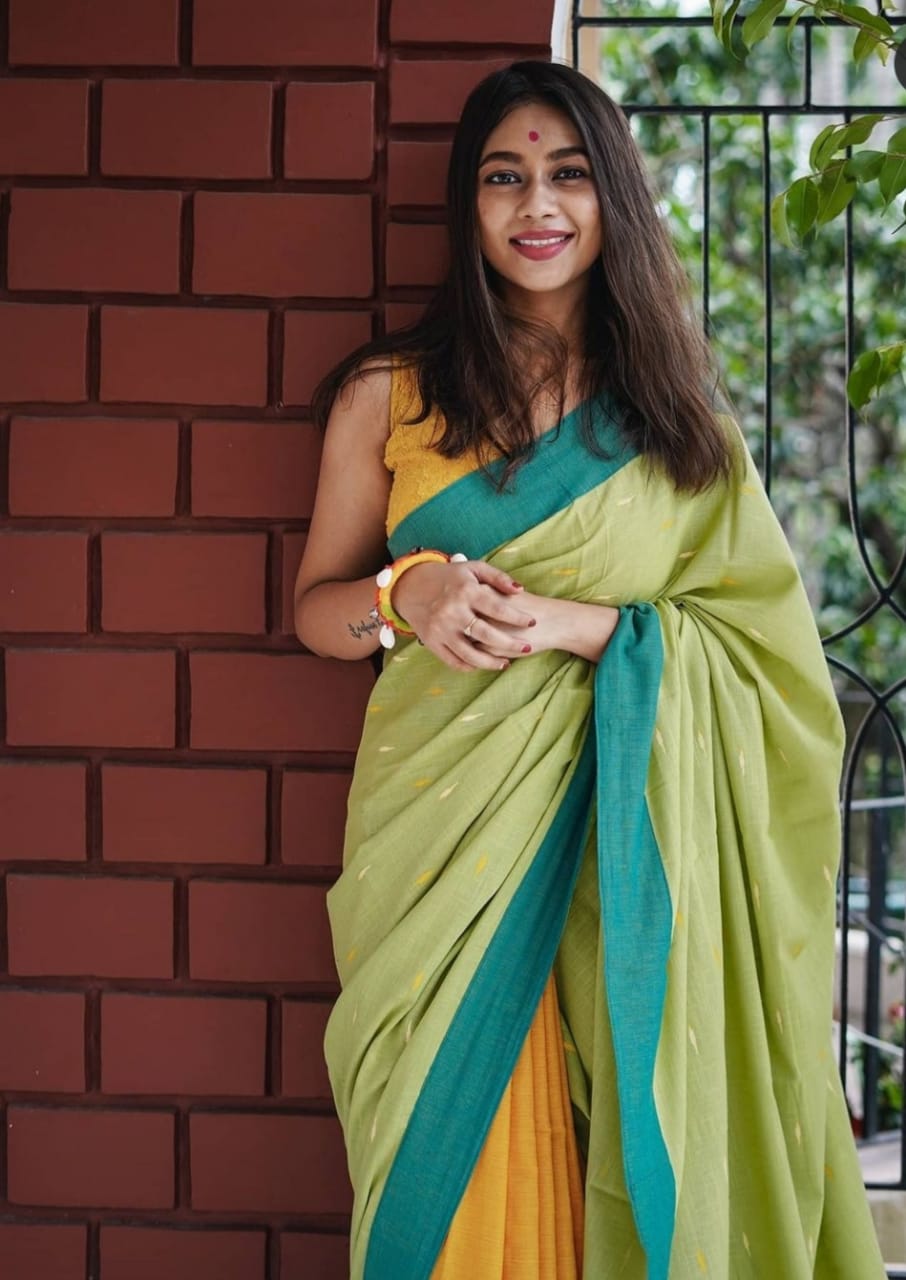 Fashionable Pista And Yellow Color Saree