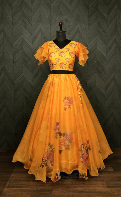 Full-Stitched Flower Print Yellow Top With Lehenga