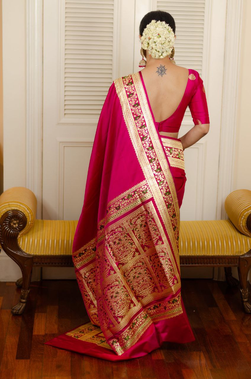 Wedding Wear Dark Pink Jacquard Border Saree