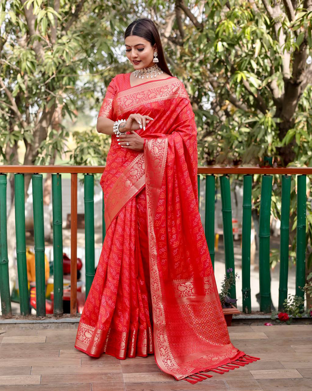 Traditional Patola Silk With Bandhani Designed Red Color Saree