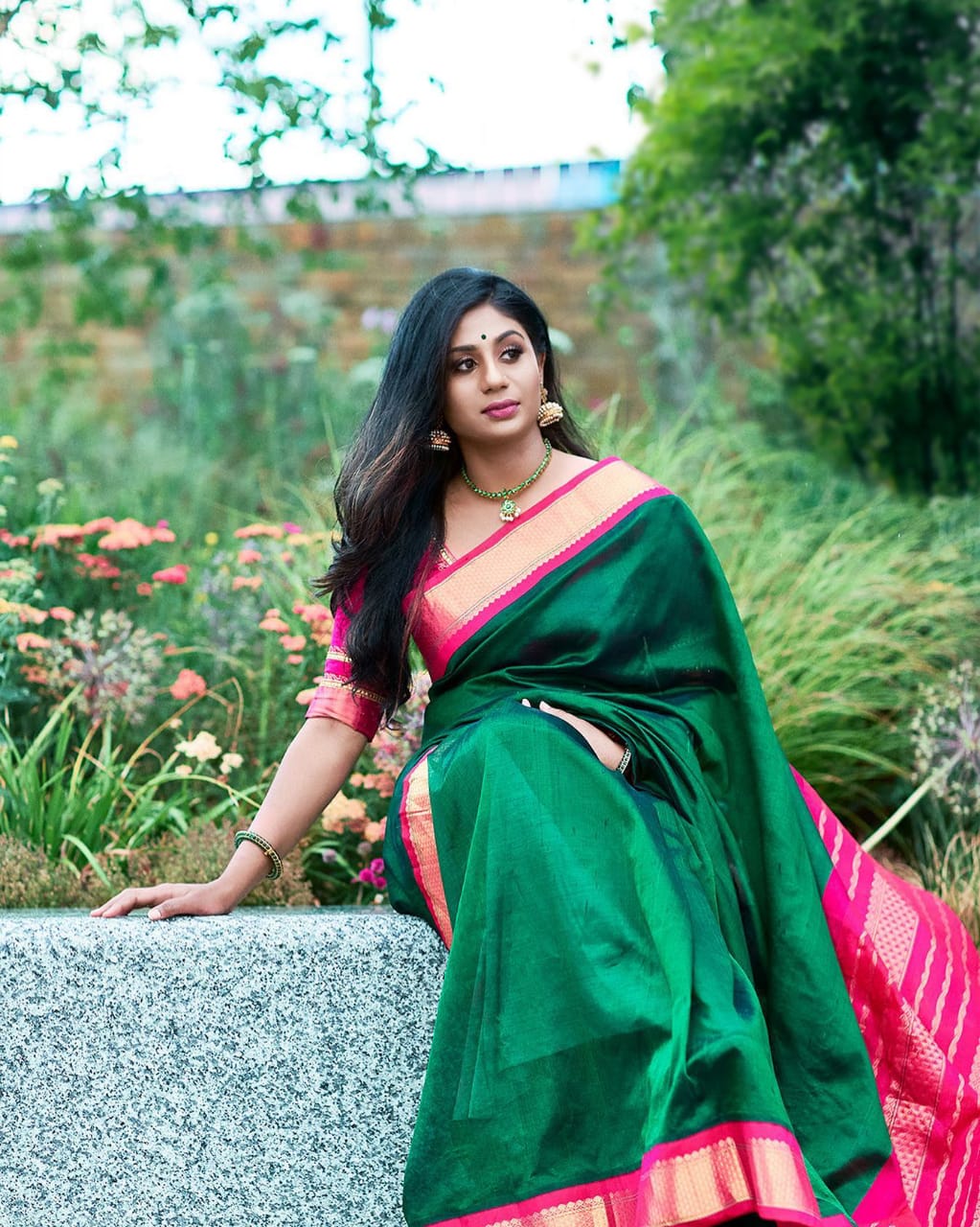 Green and Pink Golden Design Attractive Saree