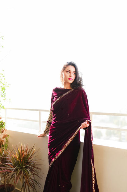 Marvelous Wine Color Embroidery Work Saree