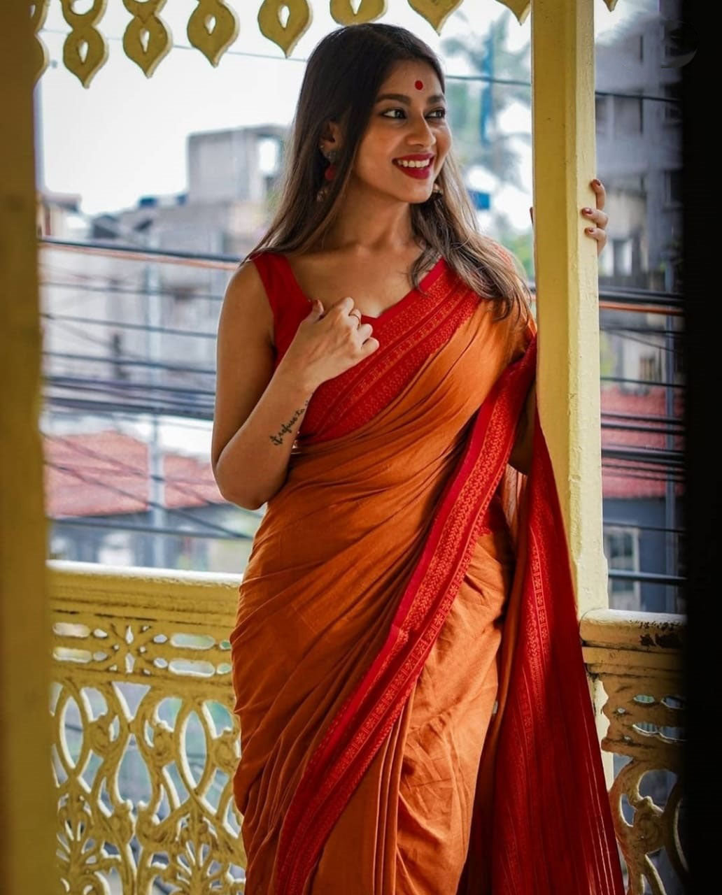 Adorable Yellow And Red Cotton Silk Saree