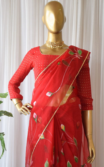 Red Color Handwork Digital Print Organza Saree