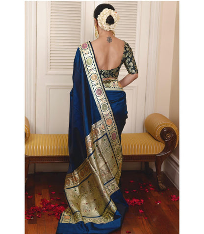 Amazing Blue Color Golden Work Lichi Silk Saree