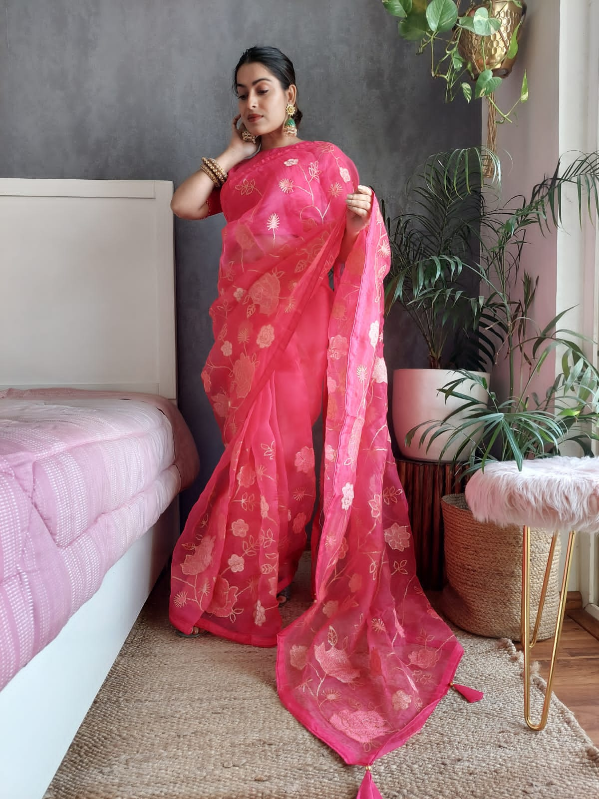 Glimmering  Pink Color All Over Work Organza Silk Saree