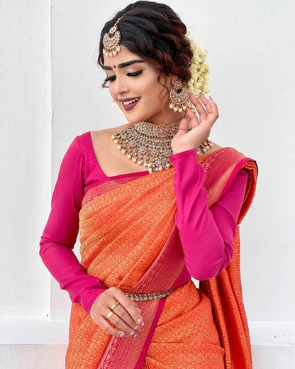 Pink And Orange Color Golden Work Saree