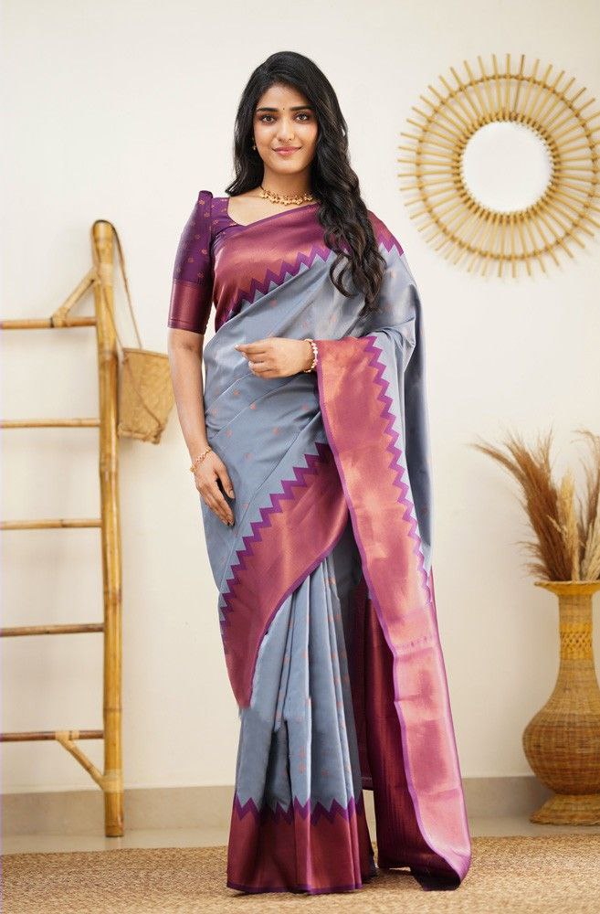 Stunning Grey Color Jacquard Border Silk Saree