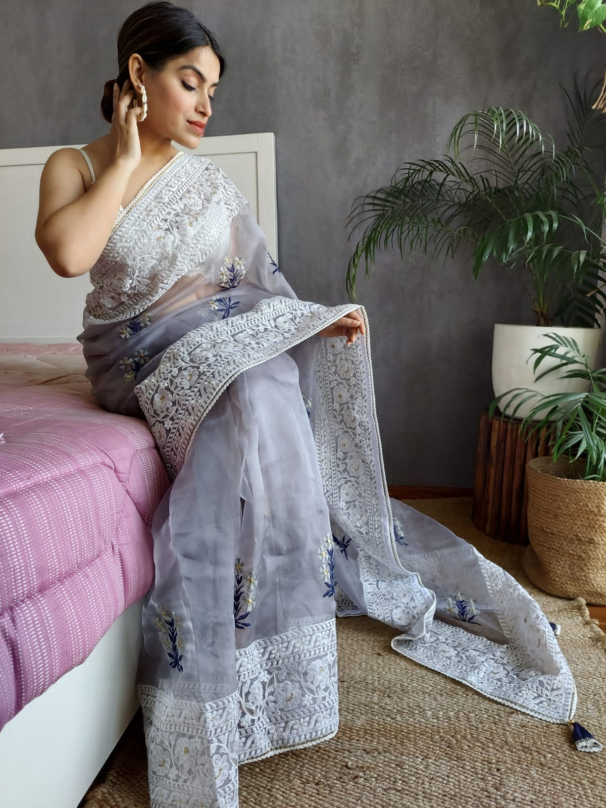 Grey Color Beautiful Work Organza Saree