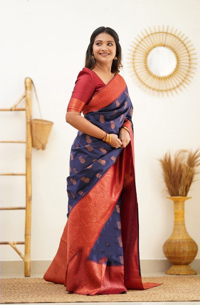 Festive Wear Blue Color Lichi Silk Jari Work Saree