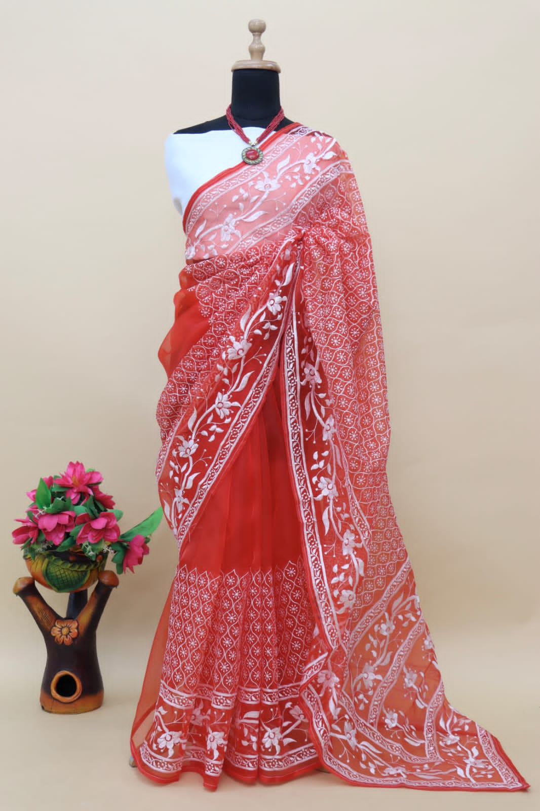 Mesmerizing Red Color Organza Saree