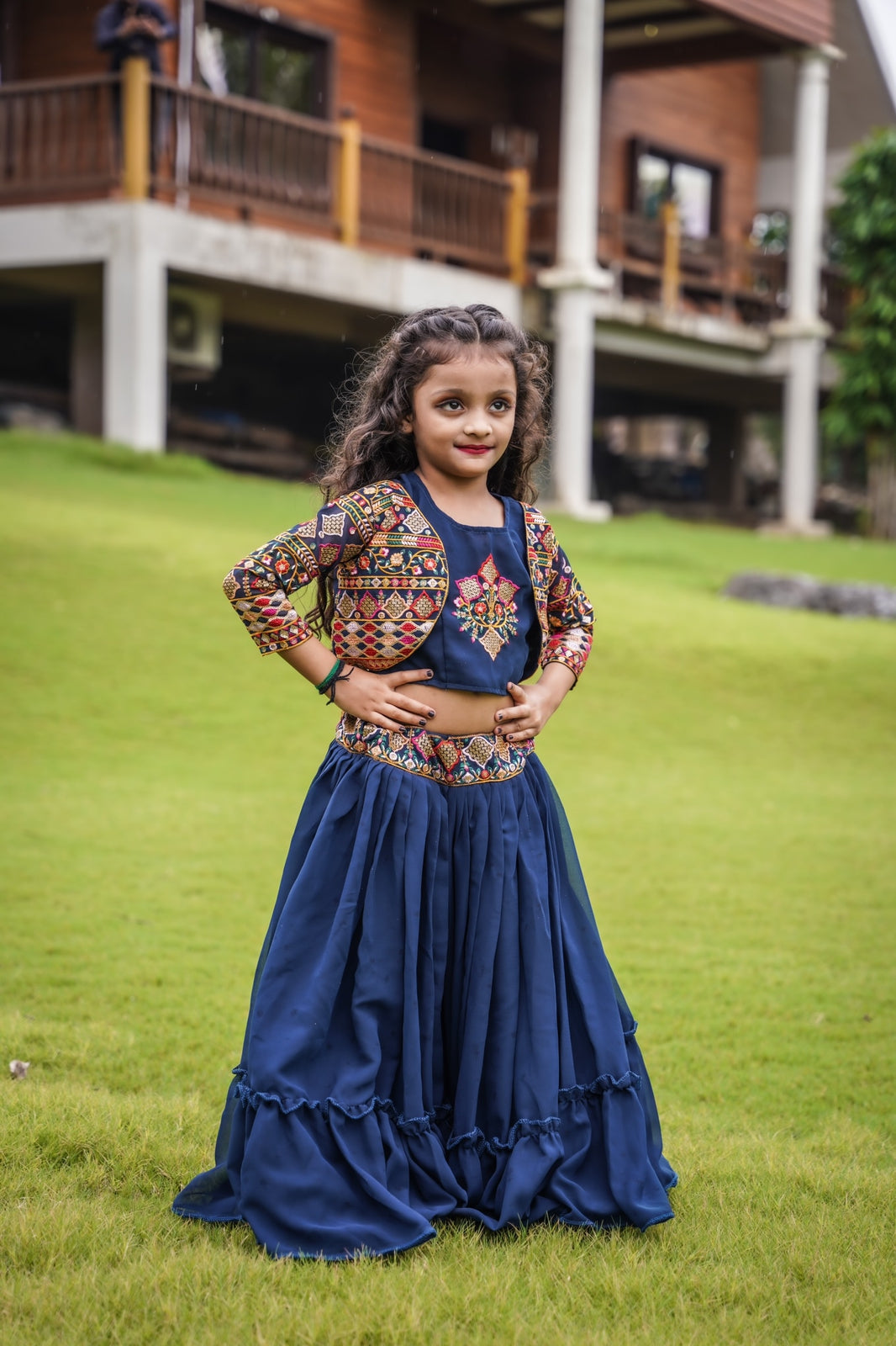 Blue Color Multi Work Kids Wear Lehenga With Koti