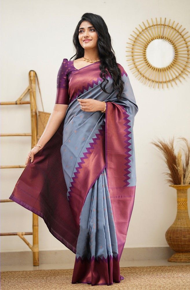 Stunning Grey Color Jacquard Border Silk Saree