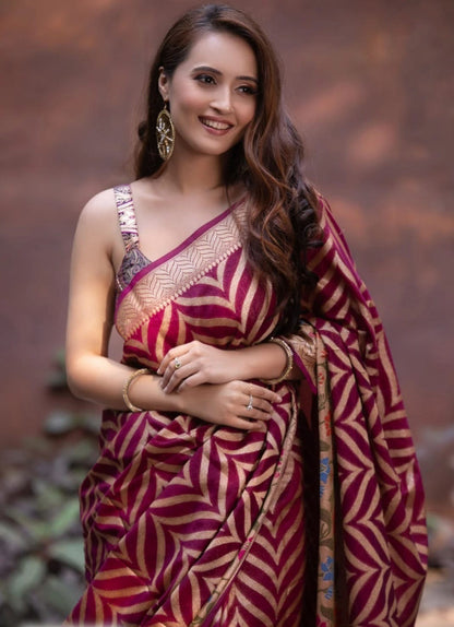 Elegant Wine Color Leheriya Banarasi Silk Saree