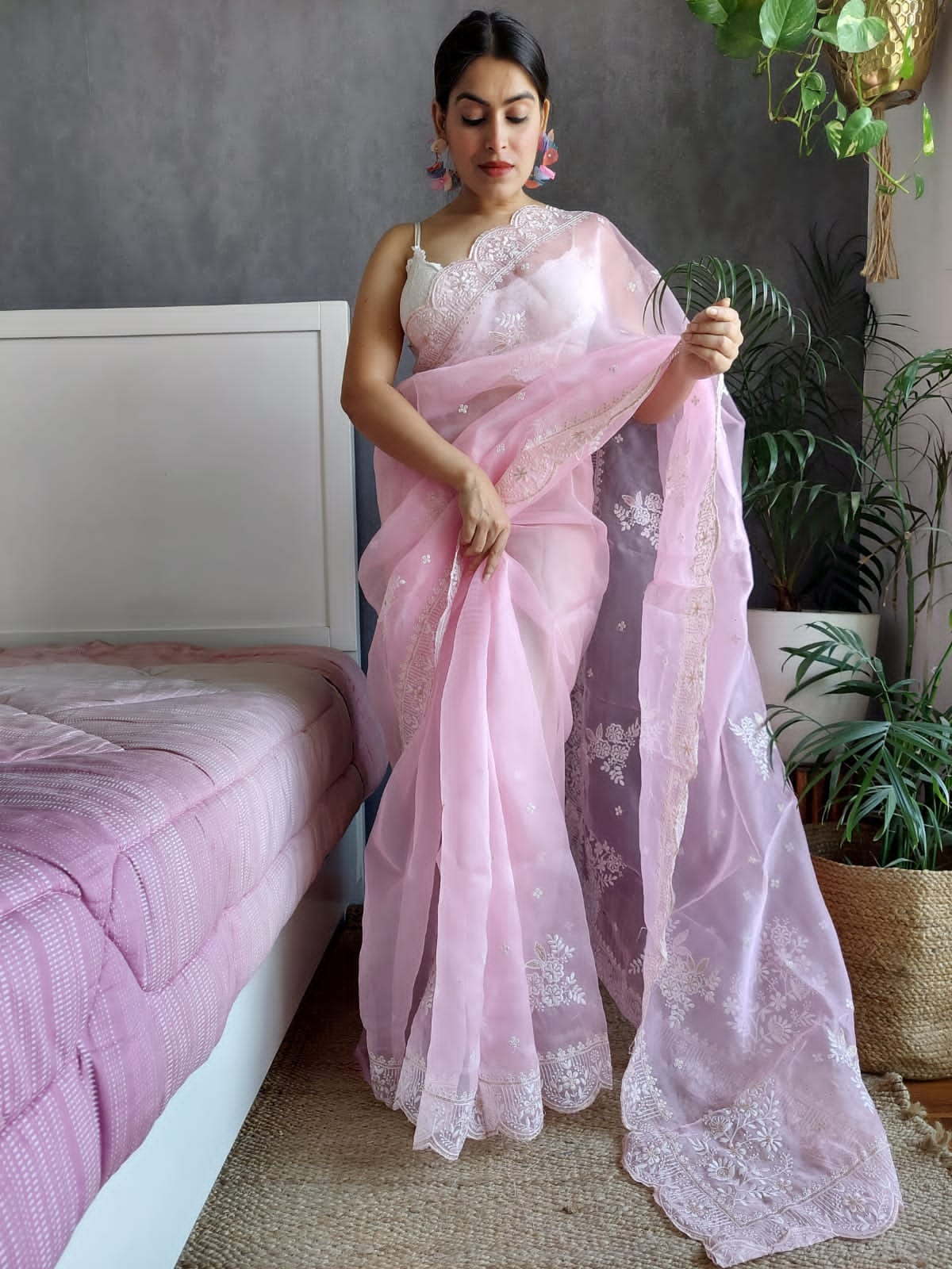 Pink Color Thread Sequence Work Organza Saree