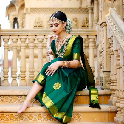 Green Color Golden Jari Wedding Wear Saree