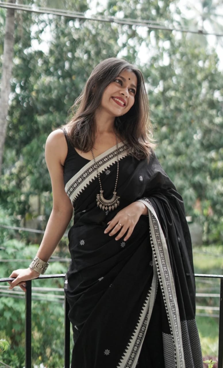 Fashionable  Black Color Cotton Silk Saree