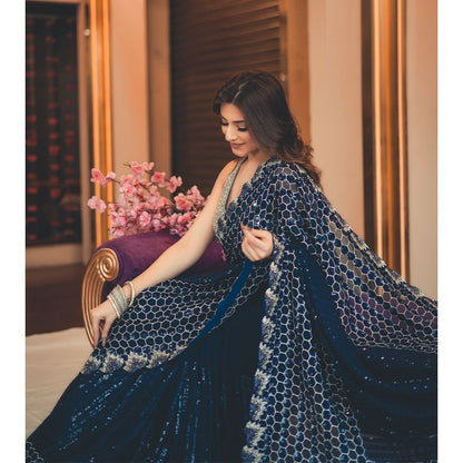 Party Wear Navy Blue Color Sequin Zari Work Saree