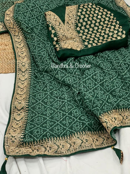 Bandhani Print Border Work Green Color Saree